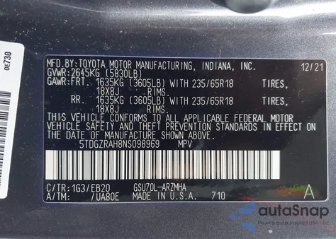 2022 Toyota Highlander Xle from USA, damaged, VIN 5TDGZRAH8NS098969
